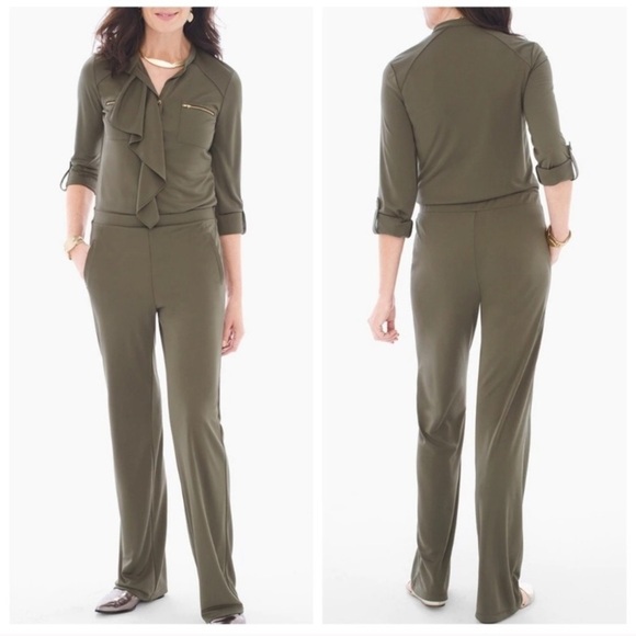 Chico’s Army Green Ruffled Utility Pantsuit Jumpsuit Womens Small - Picture 1 of 8